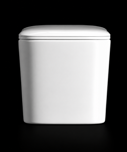 A modern, minimalist white ceramic or porcelain canister-style container with a smooth, rounded rectangular body and a matching closed lid, shown against a solid black background.