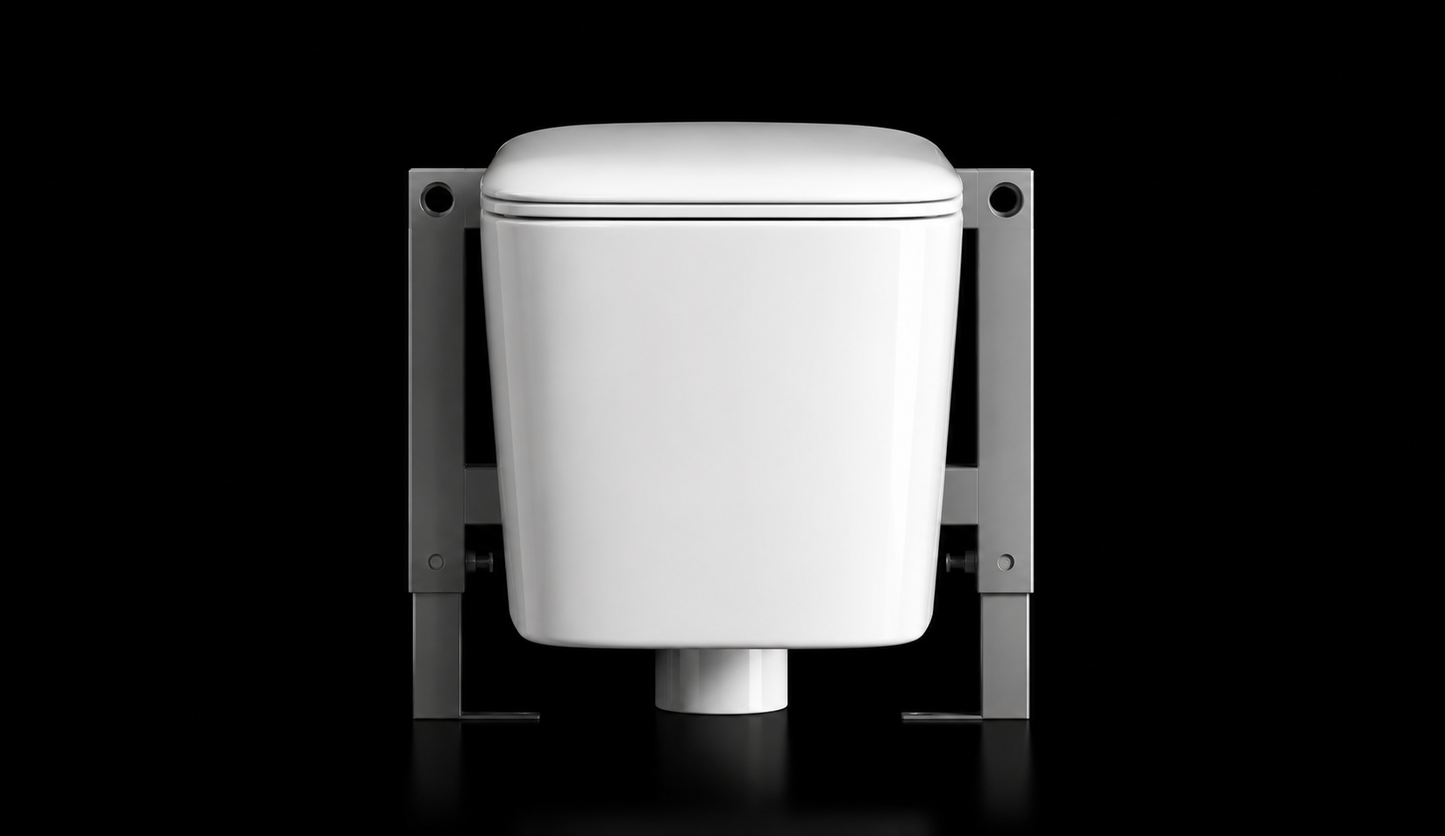 A white wall-mounted toilet with a sleek rectangular tank and a gray metal support frame, shown against a solid black background.