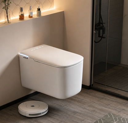 A white wall-mounted smart toilet is shown installed in a modern bathroom, with a robot vacuum on the floor below and a glass shower door to the right.