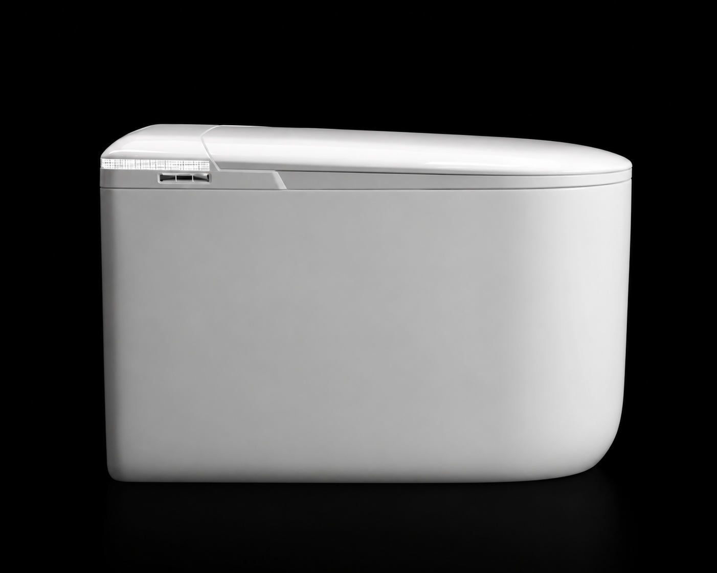 A sleek, modern white rectangular container or appliance with rounded corners, shown from a side profile against a solid black background.