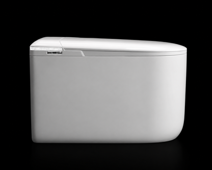 A sleek, modern white rectangular container or appliance with rounded corners, shown from a side profile against a solid black background.