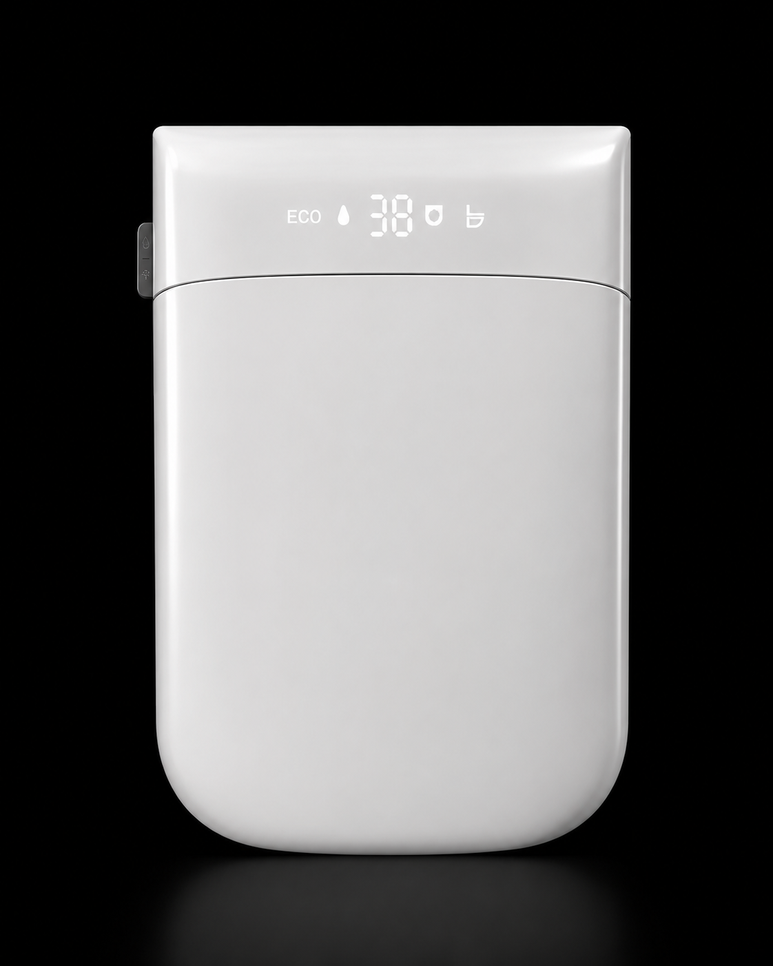 A white rectangular portable power bank with rounded corners, featuring a digital display on the front showing 'ECO 38' and battery icons, set against a solid black background.