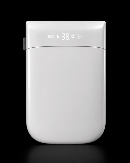 A white rectangular portable power bank with rounded corners, featuring a digital display on the front showing 'ECO 38' and battery icons, set against a solid black background.