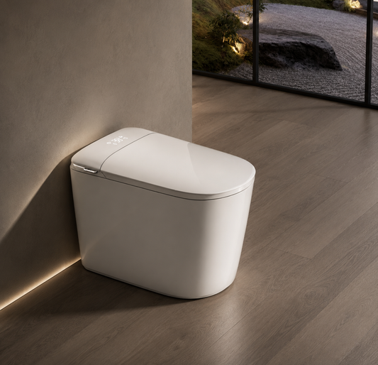 A white smart toilet with a sleek, closed lid sits against a textured beige wall on a dark wood floor, with a modern outdoor garden visible in the background through a glass partition.