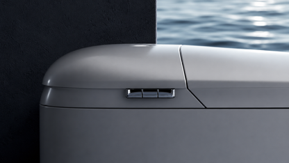Close-up of a modern gray toilet tank with a chrome flush button, positioned next to a dark textured wall and a blurred blue water background.