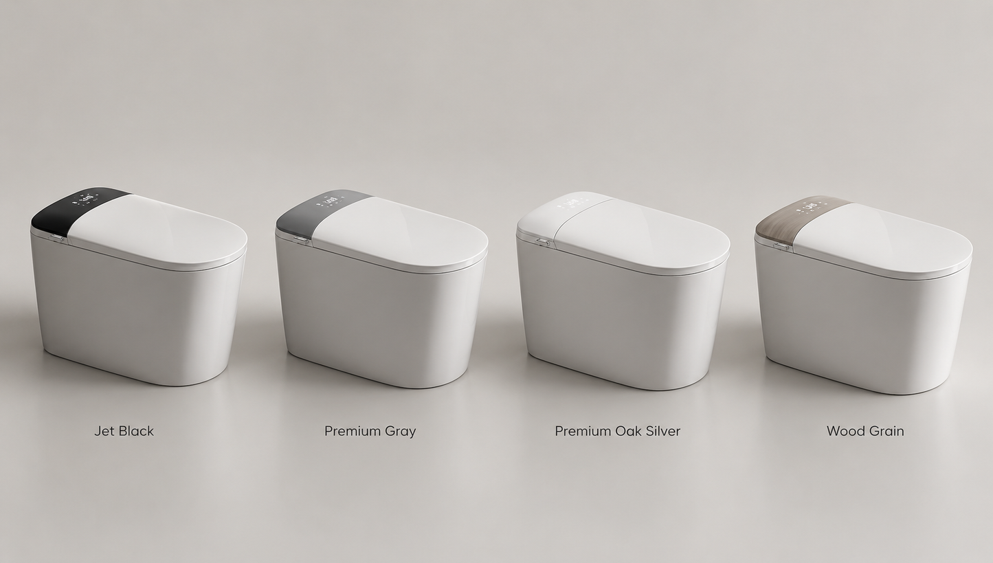 Four smart toilet paper dispensers shown side by side in different finish options: Jet Black, Premium Gray, Premium Oak Silver, and Wood Grain. The dispensers are white with their respective accent colors on the lid, set against a clean light gray background with text labels underneath.
