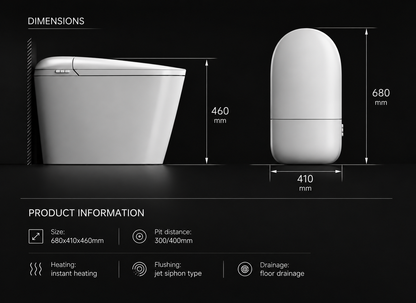 Product dimension diagram for a compact white smart toilet on a black background, showing front and side views with measurements labeled 460 mm, 680 mm, and 410 mm, plus product info text below.