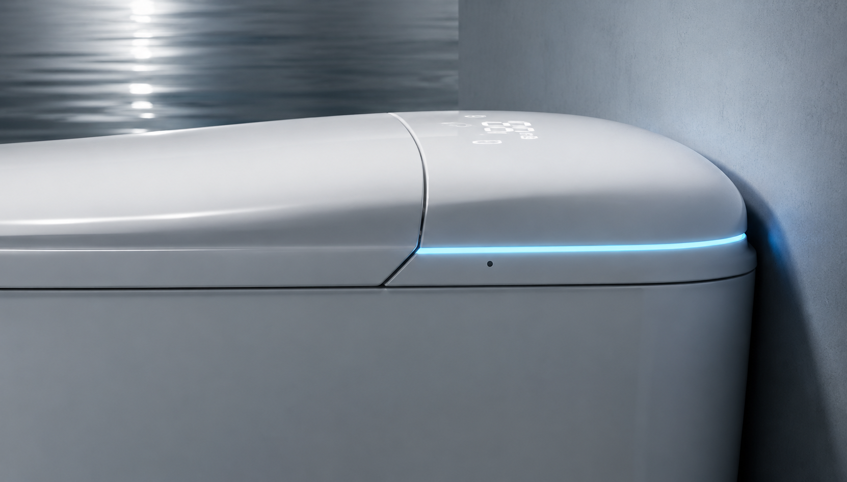 A close-up of a modern white toilet with a glowing blue LED light strip along the rim, set against a gray wall and textured background.