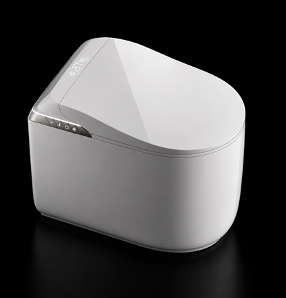 A modern white smart trash can with a hinged lid and a small control panel, shown on a reflective black background.
