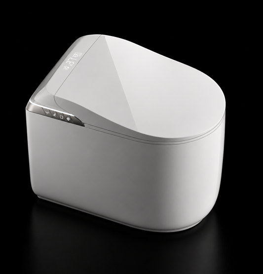 A modern white smart trash can with a hinged lid and a small control panel, shown on a reflective black background.