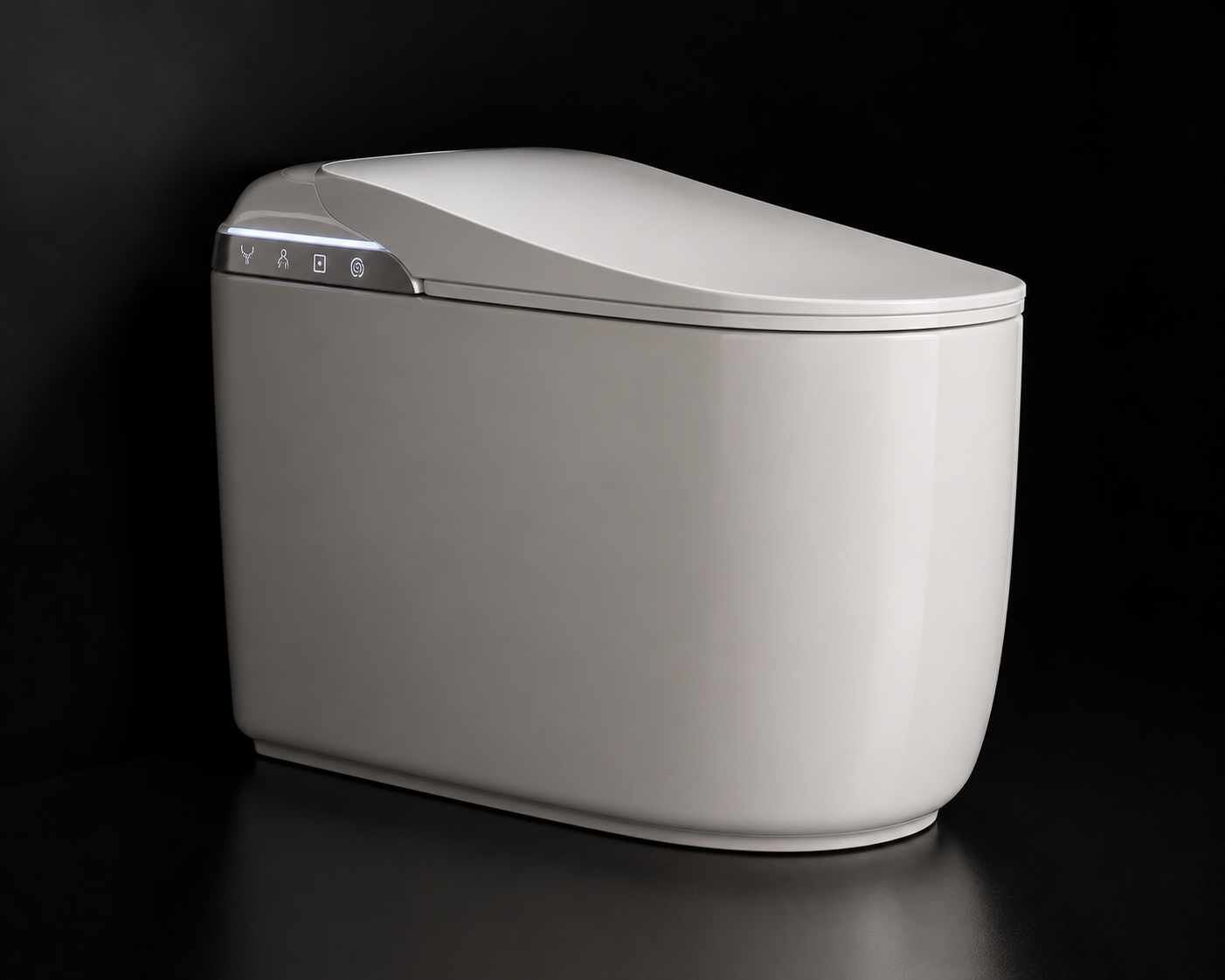 A modern, compact smart toilet with a white body and lid, featuring a sleek control panel on the front left, set against a dark black background.
