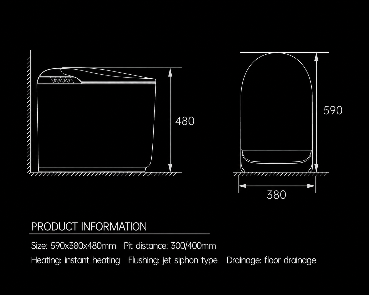 Technical dimension diagram of a toilet seat cover or toilet lid component on a black background, showing front and side views with measurements 480, 590, and 380, plus product information text below.