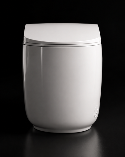 A modern, minimalist white toilet with a smooth, rounded body and a matching lid, set against a solid black background.