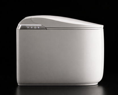 A modern, minimalist countertop appliance in a warm off-white finish, featuring a curved lid with a small control panel on the front left, set against a solid black background.