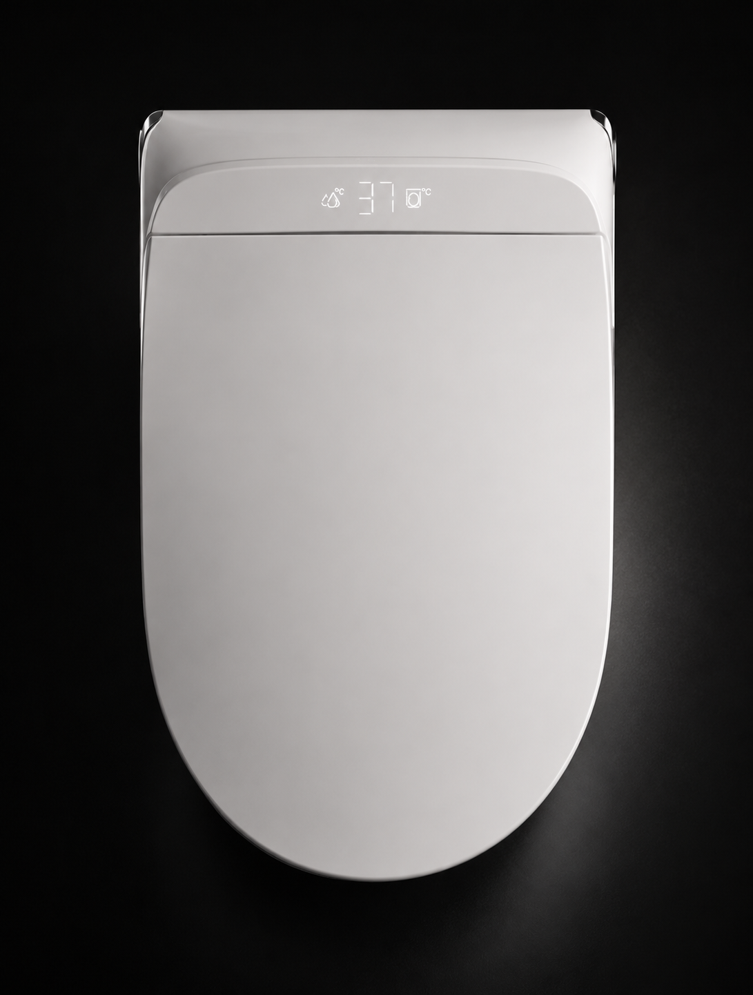 A top-down view of a modern, white smart toilet seat with a digital display showing 37 degrees Celsius, set against a solid black background.