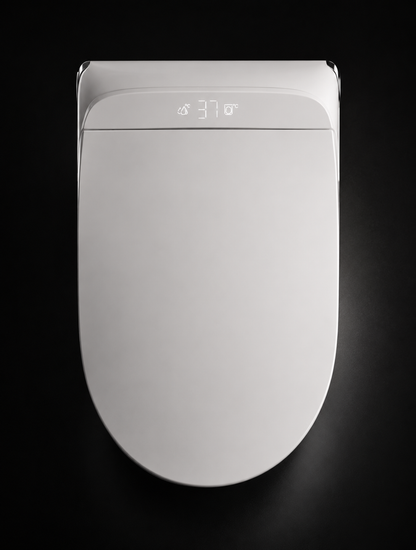 A top-down view of a modern, white smart toilet seat with a digital display showing 37 degrees Celsius, set against a solid black background.
