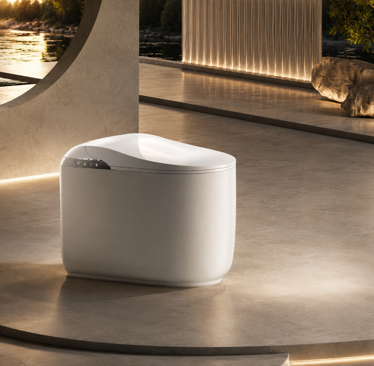 A white smart toilet with a sleek, rounded design sits on a modern concrete patio with warm ambient lighting and a scenic background.