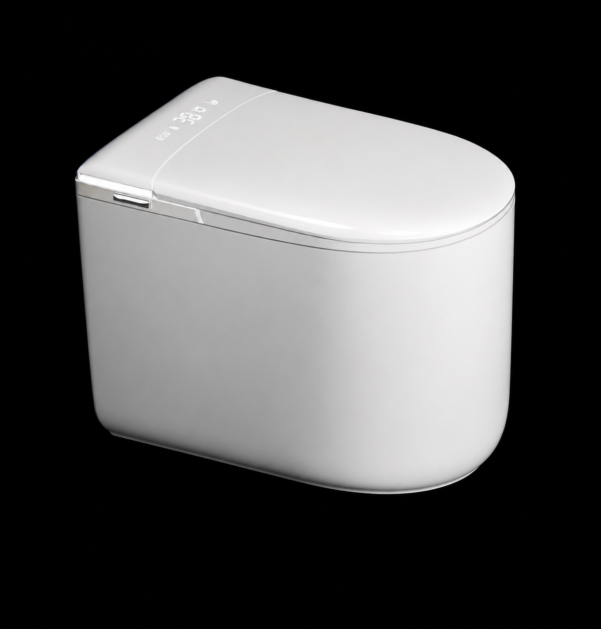 A white, compact, rectangular smart trash can with a smooth lid, shown at an angle against a solid black background.