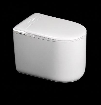 A white, compact, rectangular smart trash can with a smooth lid, shown at an angle against a solid black background.