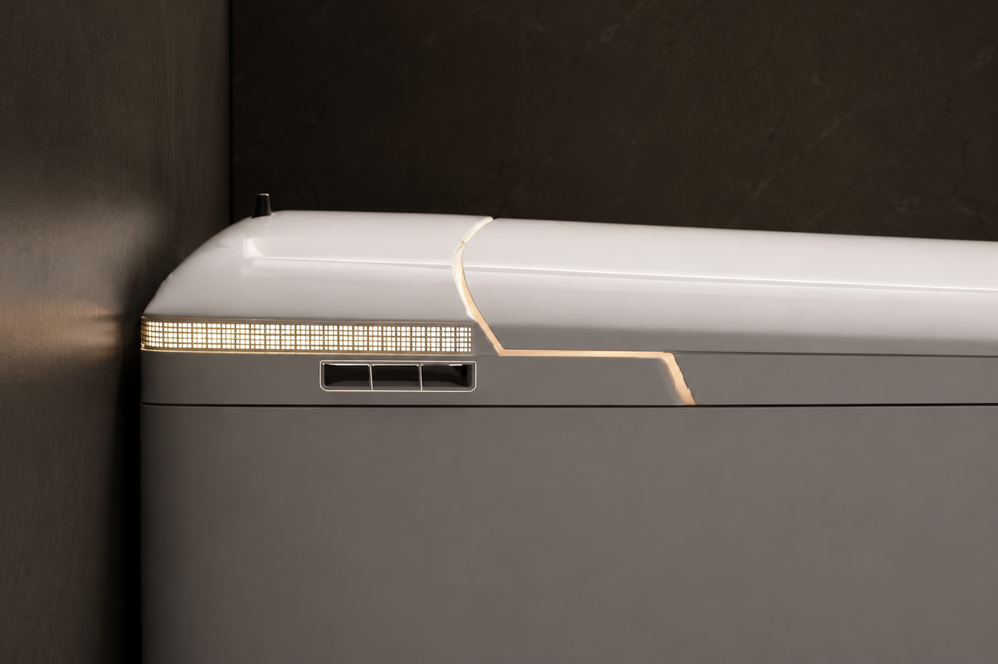 Close-up of a modern wall-mounted heater or air unit with a white top casing, a horizontal light strip, and a warm light glowing from the front, set against a dark textured wall.