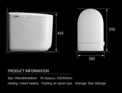White wall-mounted toilet with dimension annotations showing front and back views, plus product information text on a black background.