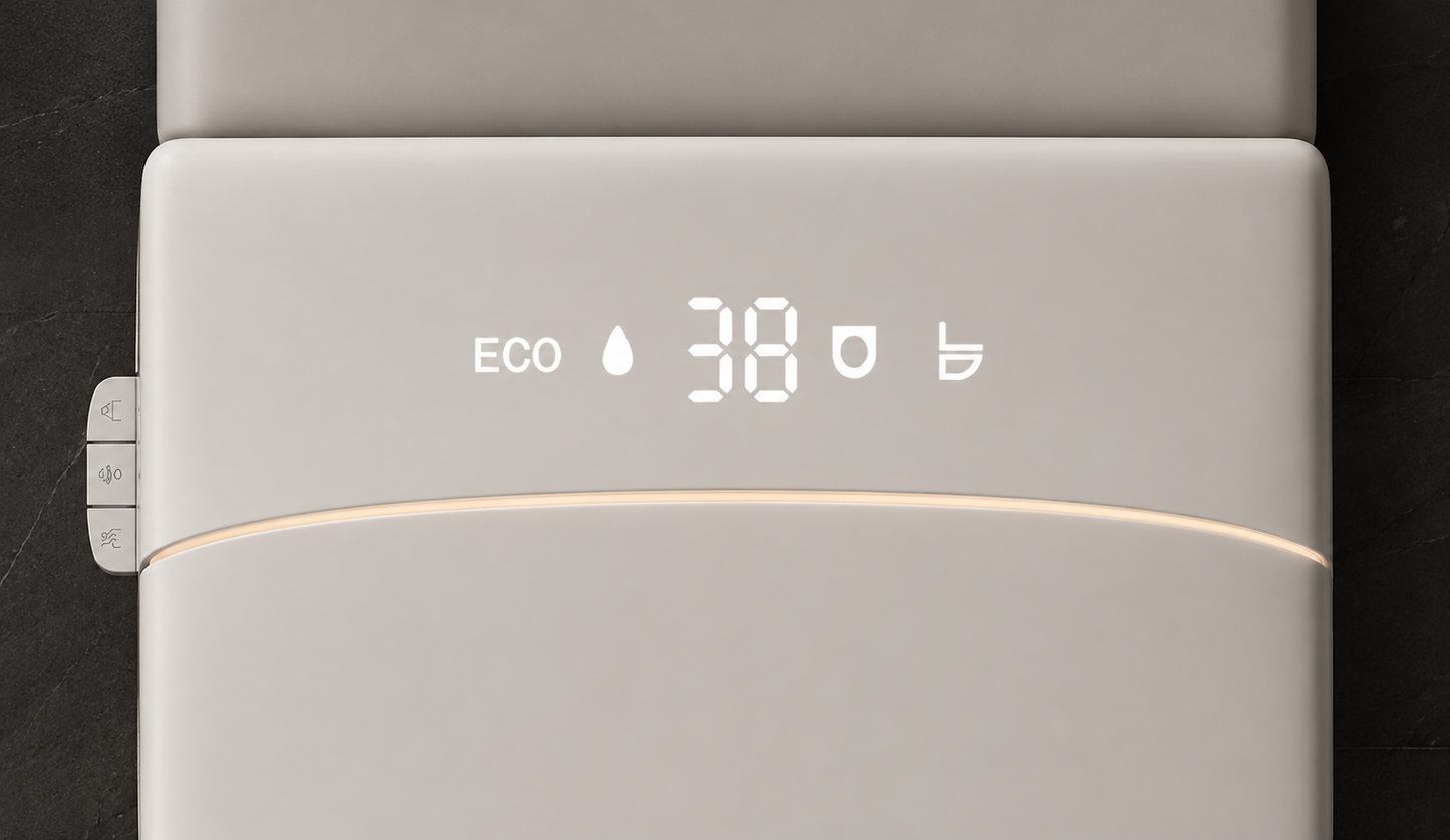 Close-up of a light beige or off-white electronic device with a digital display showing 'ECO 38' and small icons, resting on a dark textured surface.