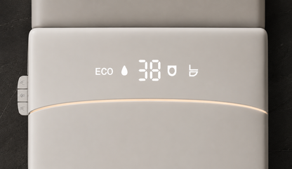 Close-up of a light beige or off-white electronic device with a digital display showing 'ECO 38' and small icons, resting on a dark textured surface.
