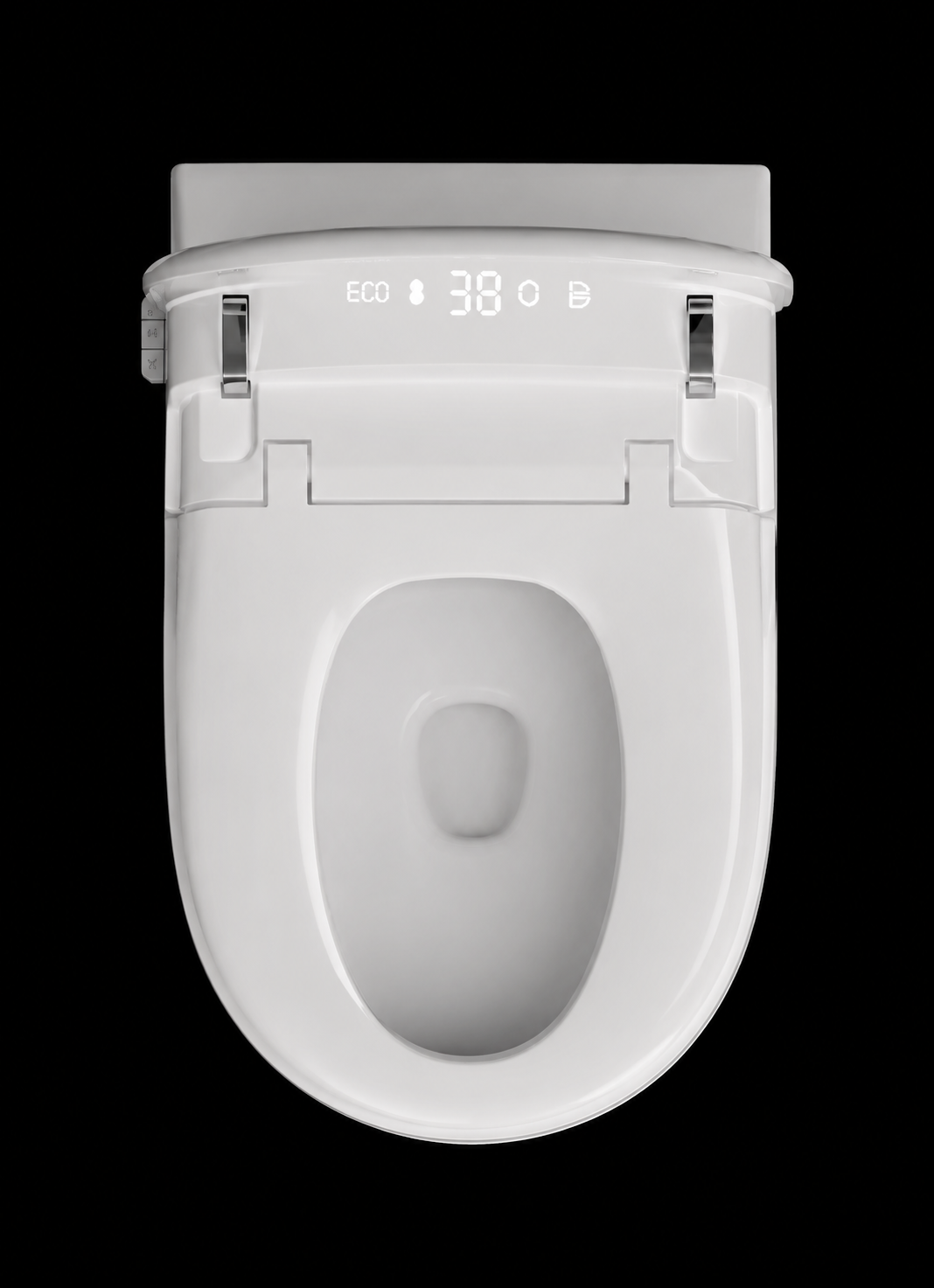 A top-down view of a white smart toilet seat with a digital display showing 'ECO' and '38', isolated on a solid black background.