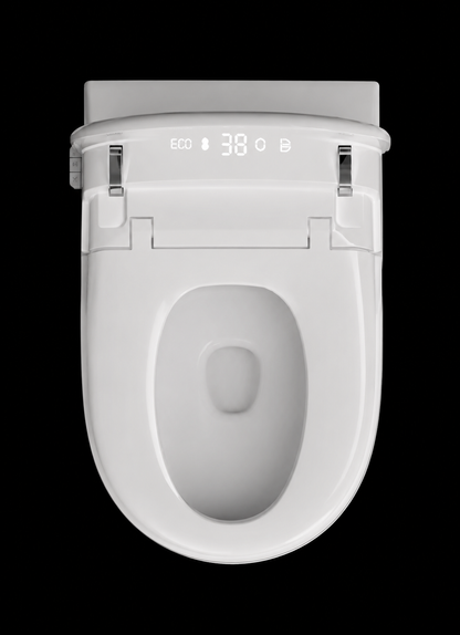 A top-down view of a white smart toilet seat with a digital display showing 'ECO' and '38', isolated on a solid black background.