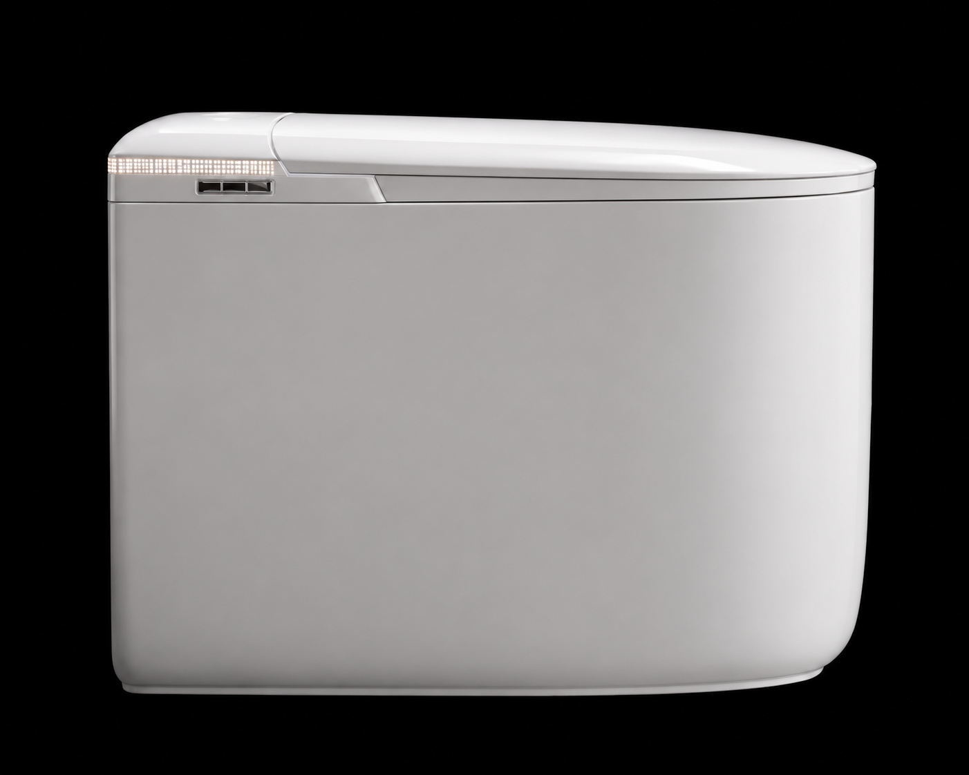 A modern, minimalist white smart toilet tank with a sleek, rounded rectangular design, shown from a front three-quarter angle against a solid black background.