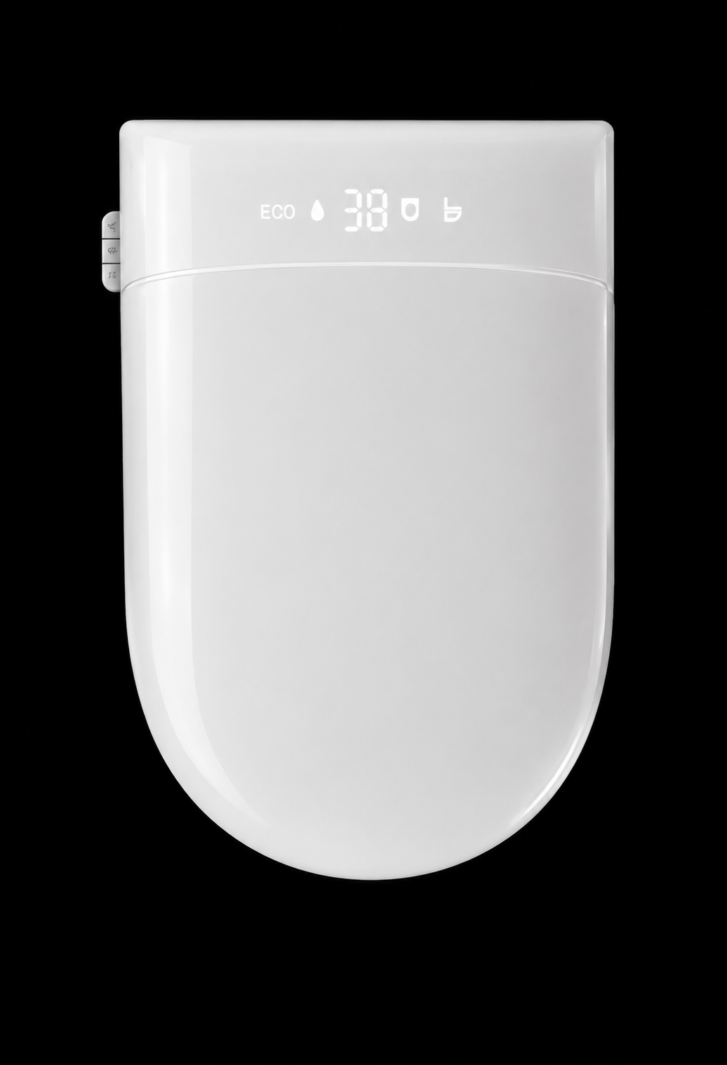 A white smart toilet lid with a digital display showing 'ECO 38°C' and control icons, isolated on a solid black background.