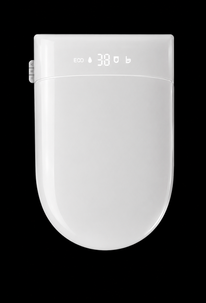 A white smart toilet lid with a digital display showing 'ECO 38°C' and control icons, isolated on a solid black background.