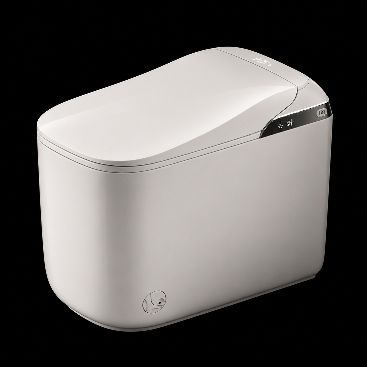 A white smart pet feeder with a sleek, rounded rectangular design, shown from a three-quarters angle against a solid black background.