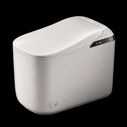 A white smart pet feeder with a sleek, rounded rectangular design, shown from a three-quarters angle against a solid black background.