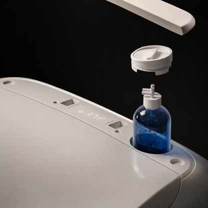 Close-up of a white toilet paper dispenser with a blue bottle and white cap inserted into a slot, shown against a black background.
