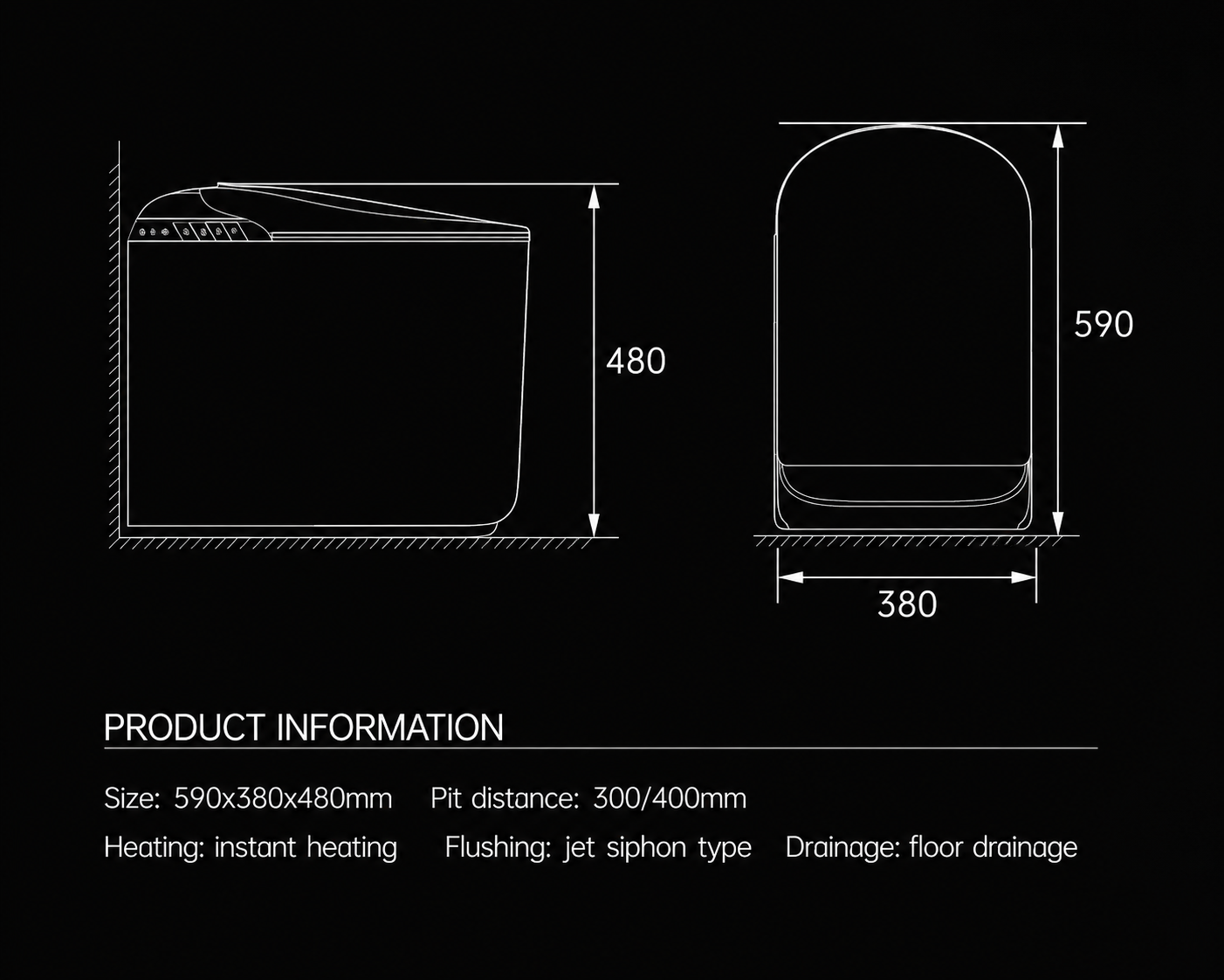 Technical dimension drawing of a product on a black background, showing front and side views with measurements 480, 590, and 380, plus product information text below.