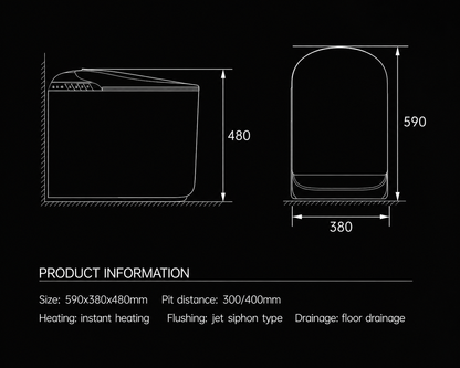 Technical dimension drawing of a product on a black background, showing front and side views with measurements 480, 590, and 380, plus product information text below.