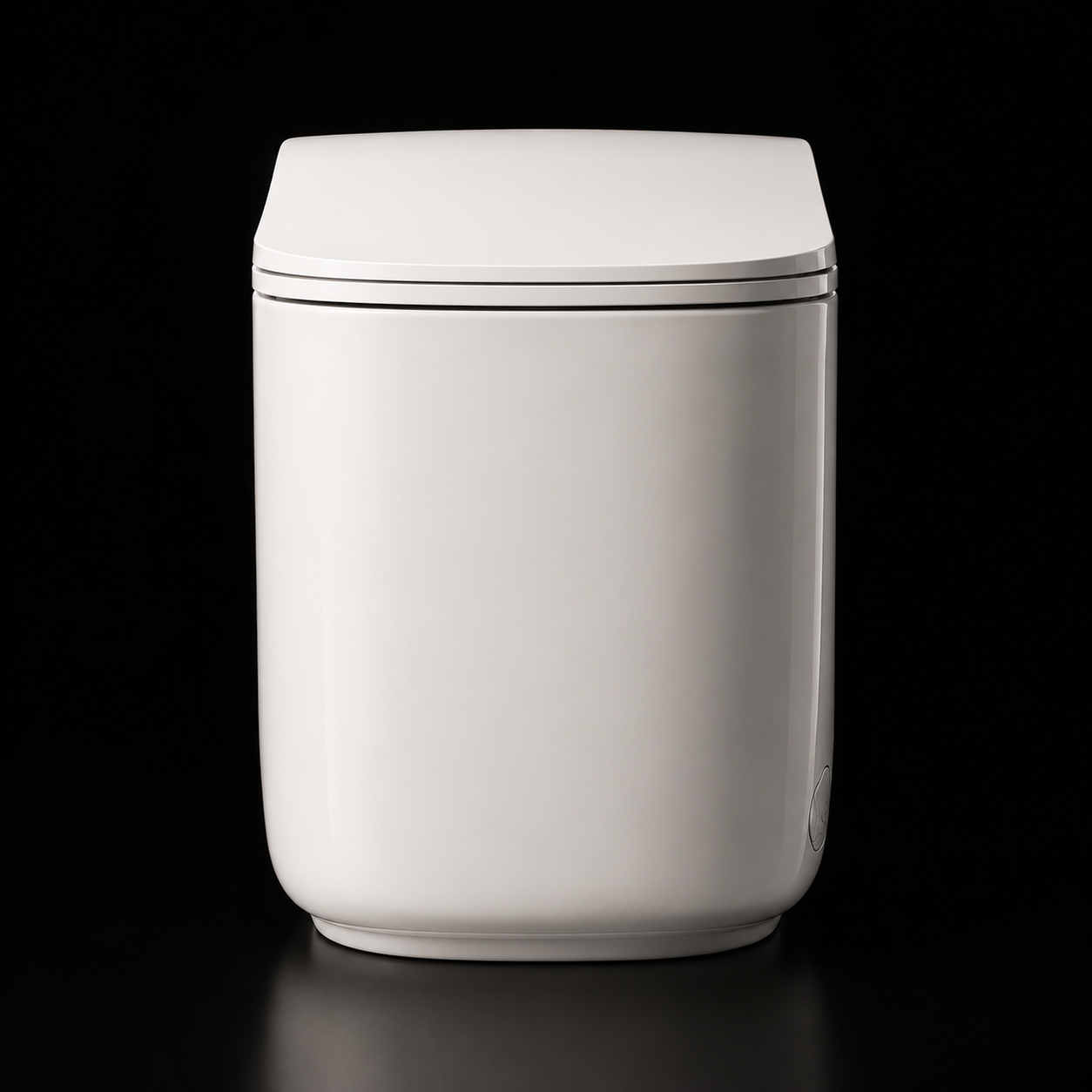 A modern, minimalist white smart toilet with a closed lid, shown from a front-facing perspective on a reflective black surface against a solid black background.