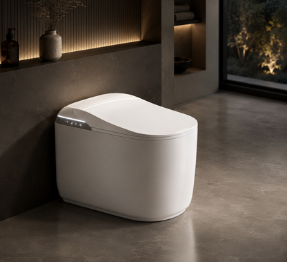 A white smart toilet with a sleek lid and a silver control panel, set in a modern, dimly lit bathroom with concrete floors and warm ambient lighting.
