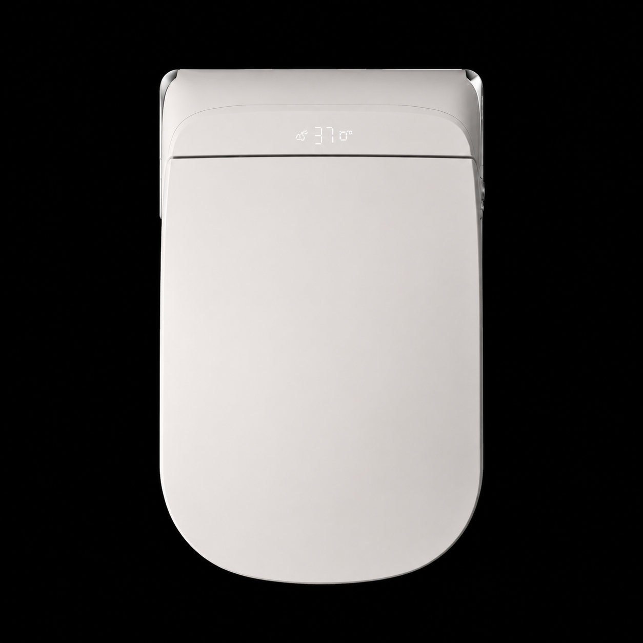 A top-down view of a white smart toilet lid with a digital temperature display showing 37 degrees, set against a solid black background.