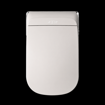 A top-down view of a white smart toilet lid with a digital temperature display showing 37 degrees, set against a solid black background.