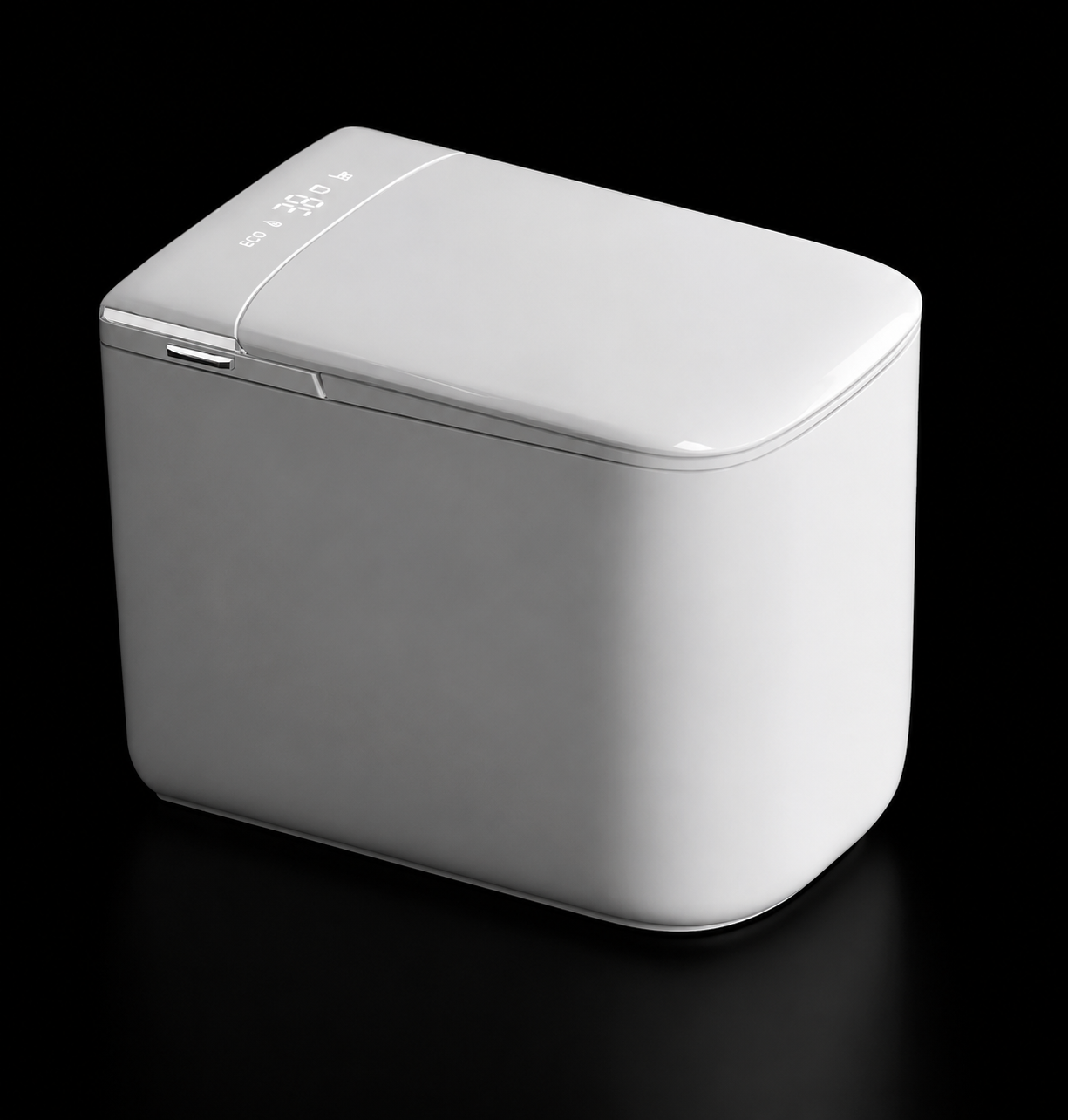 A modern, minimalist white rectangular storage box with rounded corners and a hinged lid, shown on a reflective black surface.