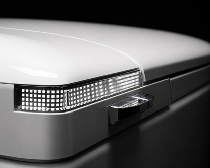 Close-up of a white vehicle body panel showing a slim rectangular LED light strip and a chrome side handle against a dark background.