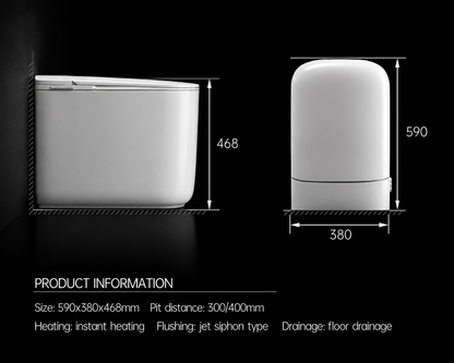 A white compact toilet shown from two angles on a black background, with dimension labels indicating 468 mm height, 590 mm overall height, and 380 mm width. Product information text is printed below.