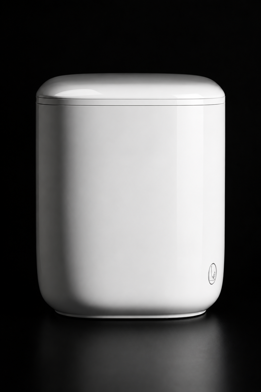 A sleek, minimalist white cylindrical container with a rounded lid, shown on a solid black reflective surface. A small circular logo is visible on the lower right side of the container.