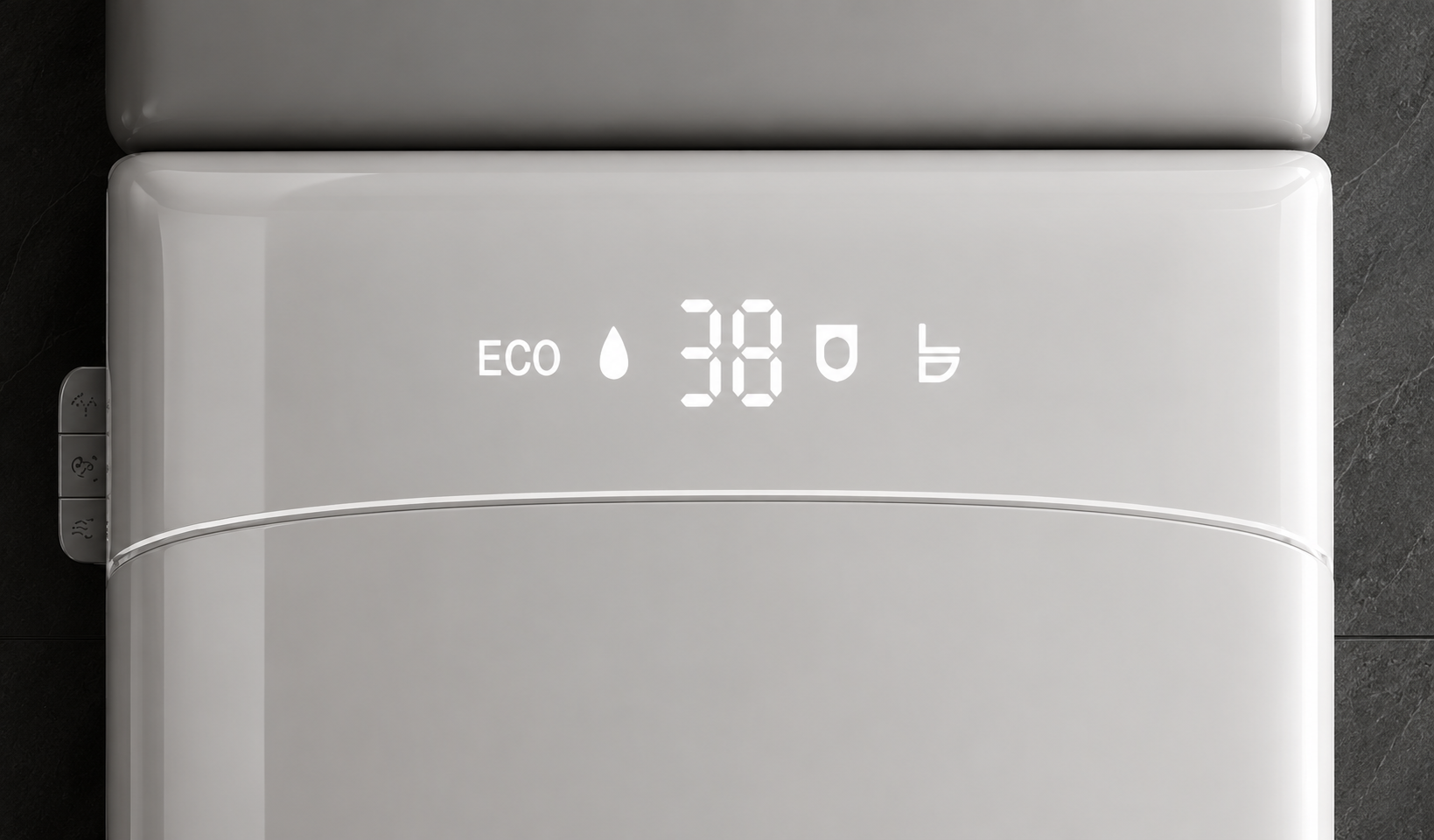 Close-up of a modern white appliance front panel with a digital display showing ECO and 38, photographed against a dark background.