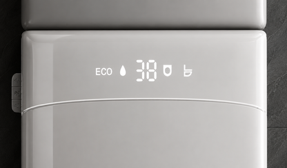 Close-up of a modern white appliance front panel with a digital display showing ECO and 38, photographed against a dark background.