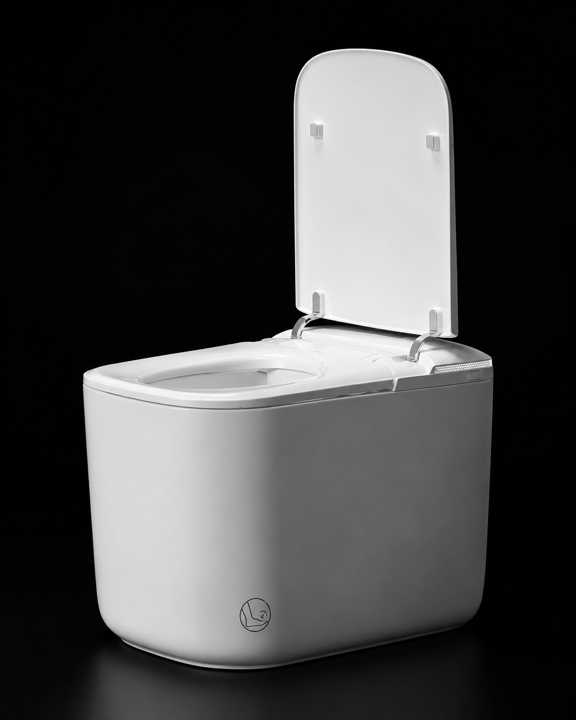 A white compact portable toilet with its lid open, shown on a reflective black background.