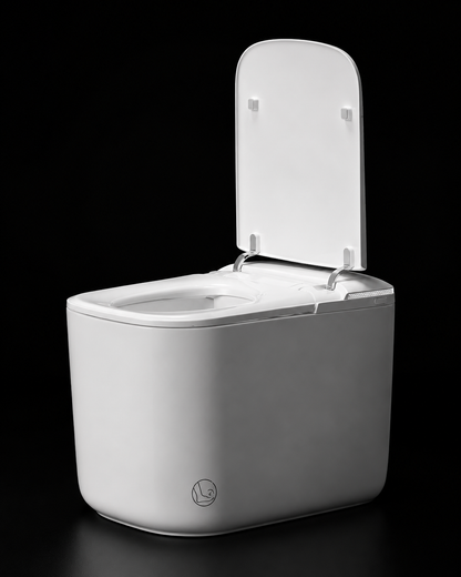 A white compact portable toilet with its lid open, shown on a reflective black background.