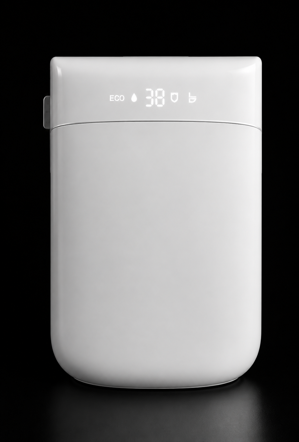 A white portable power bank with a minimalist digital display showing 'ECO 38' and battery icons, set against a solid black background.